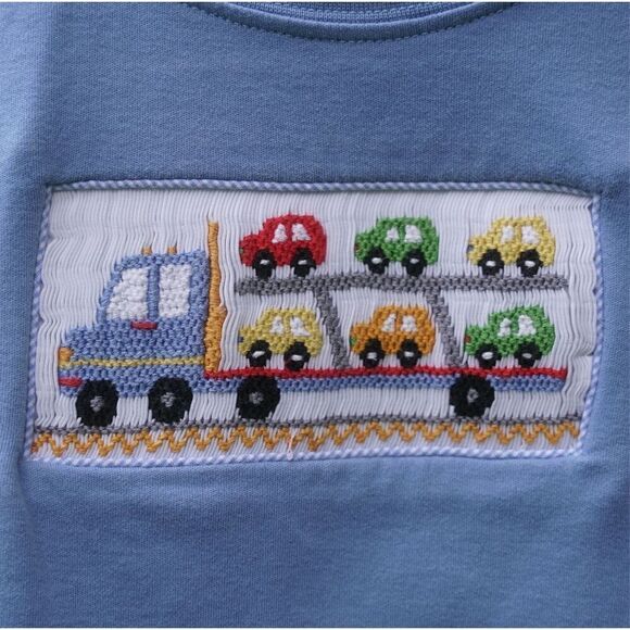 Velani Classics Boys Blue Smocked Cars Long Sleeve Shirt - Picture 3 of 5